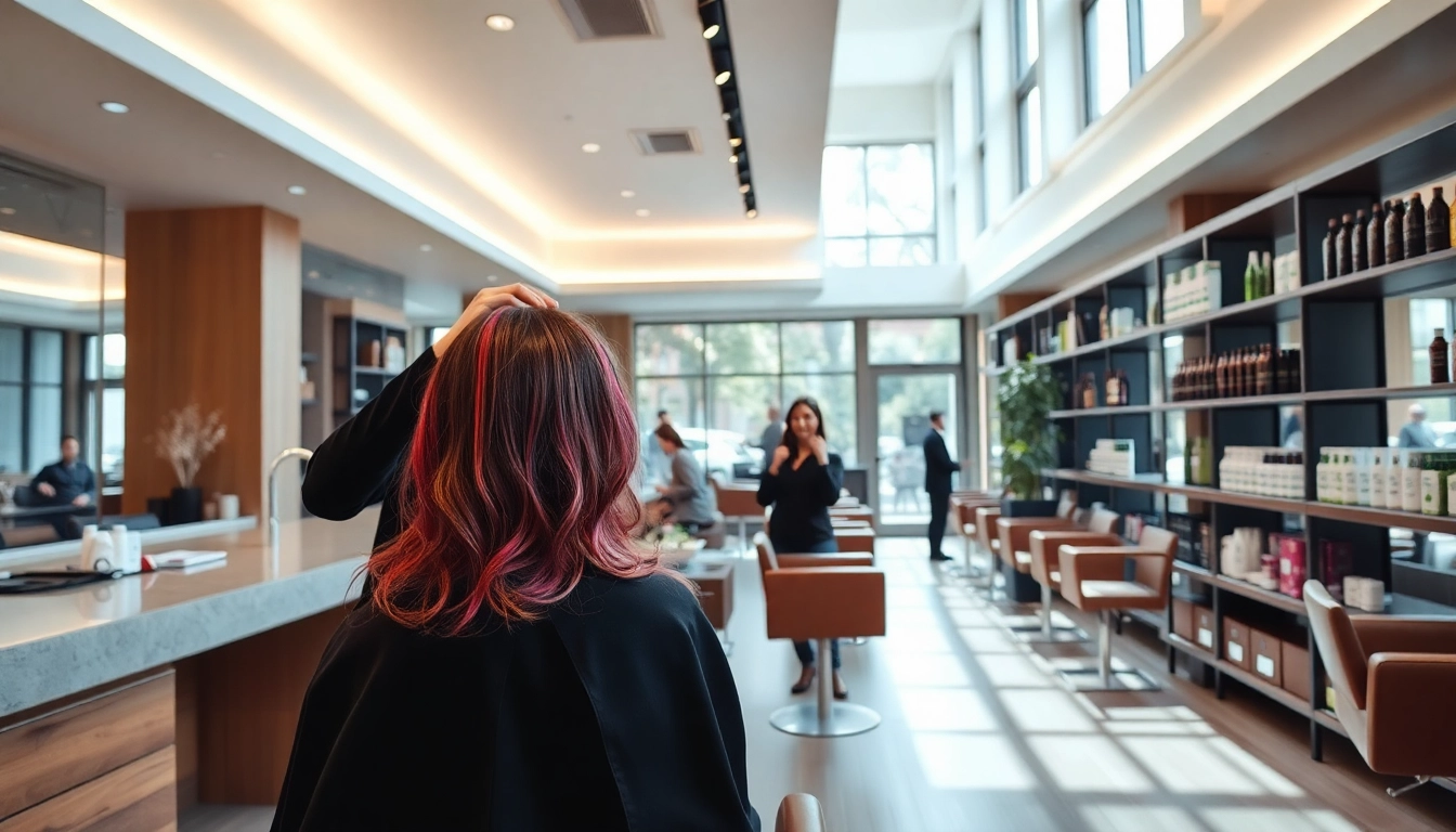Stylish interior of addendum salon with professional stylist and vibrant hair highlights.