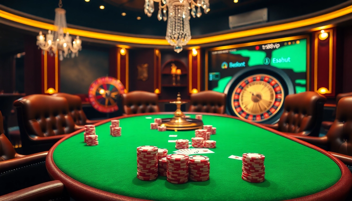 Engage with the exciting atmosphere of tr88 vip at a premium poker table adorned with vibrant chips and cards.