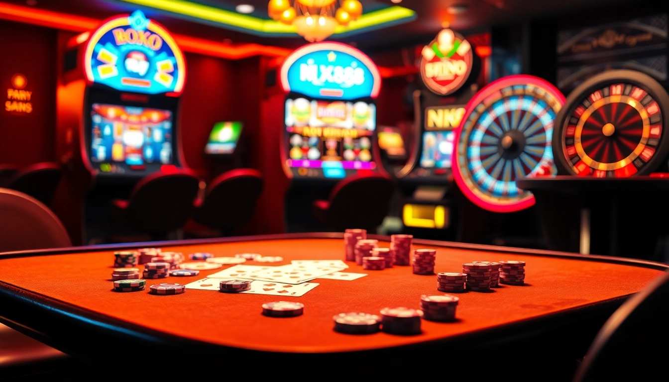 Bí kíp NK88 showcased in a vibrant casino scene featuring poker chips, cards, and slot machines.